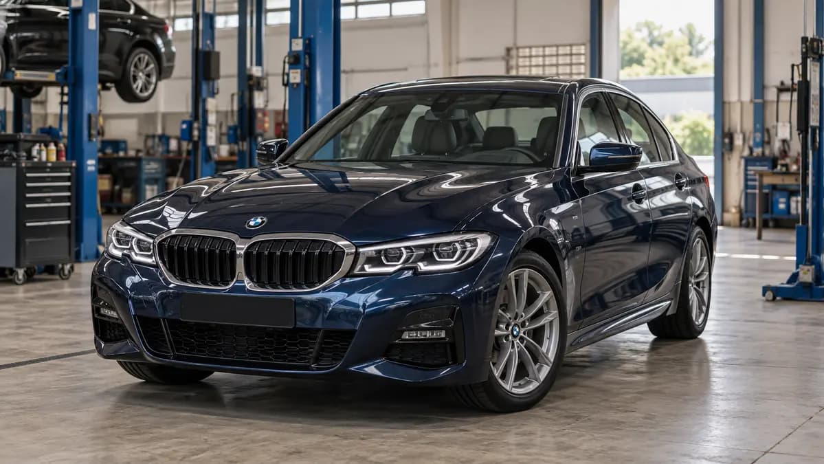 Ilustrasi BMW sedan berwarna biru di area bengkel